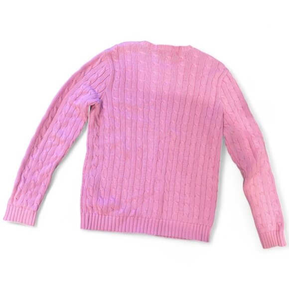 Pink Ralph Lauren Cable Knit Crew Neck Women's Sweater Size L Green Pony Cotton - Picture 2 of 7